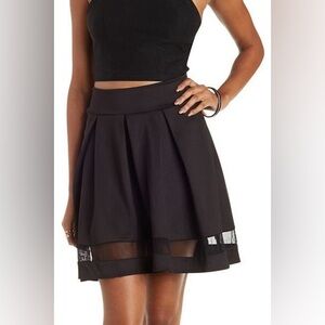 Forever 21 Pleated Flared A-Line Mini Skirt with Mesh Details Black Size Large